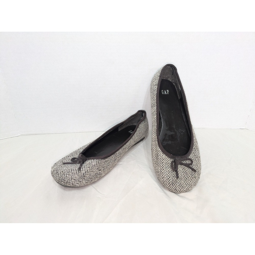 GAP Ballet Flats Women's Sz 7 Brown Tweed Herringbone Slip-on Round Toe Rope Bow